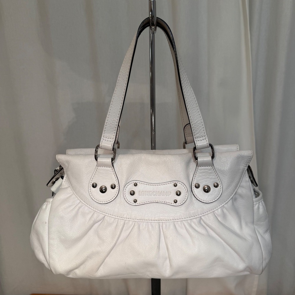 Longchamp Shoulder Bag Women Medium White Good Vintage Leather Studded Chic